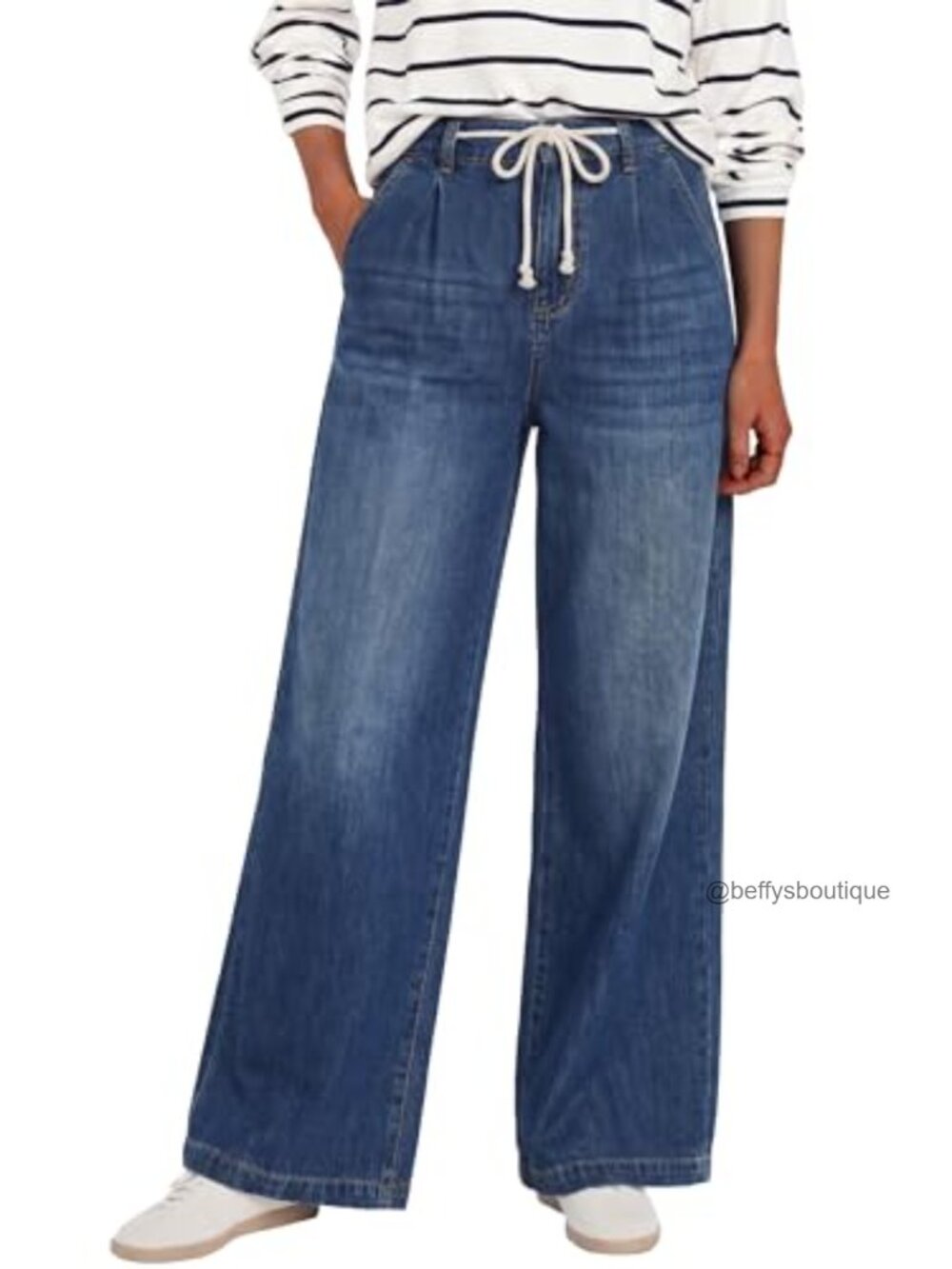 Wide Leg High Rise Drawstring Jeans with Pockets Relaxed Fit